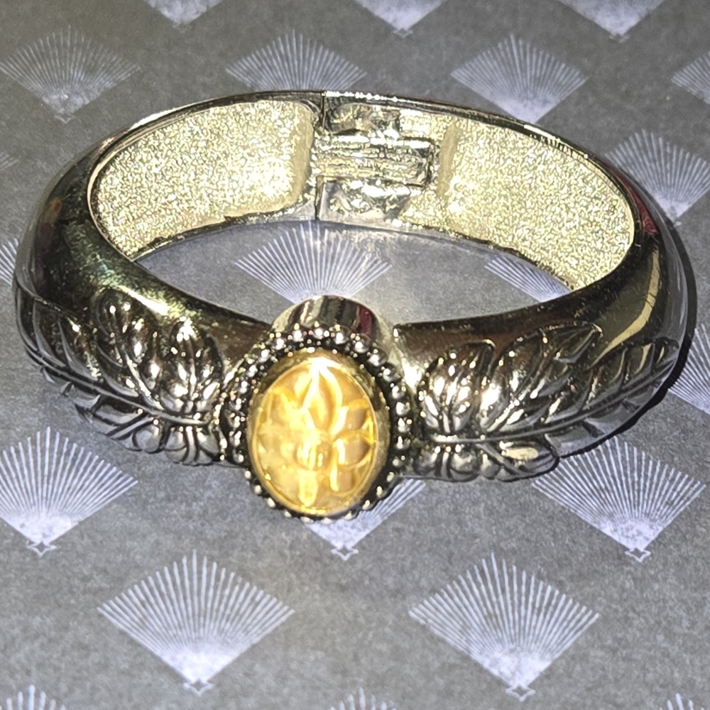 Vintage Style Hinged Cuff Bracelet Silver Tone Floral Carved Center Gold Accent